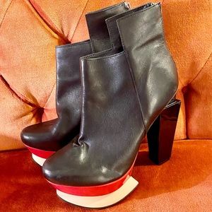 La Dolce Vita Quin Bootie, black, red, and cream leather platform geometric heel